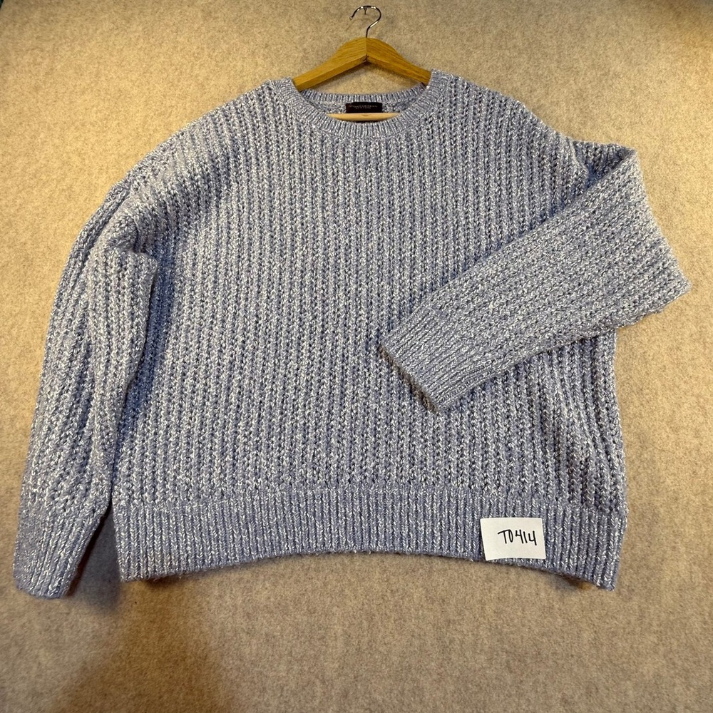 Donna Karan New York Blue Metallic Chunky Ribbed Knit Crew Neck Sweater XL T0414